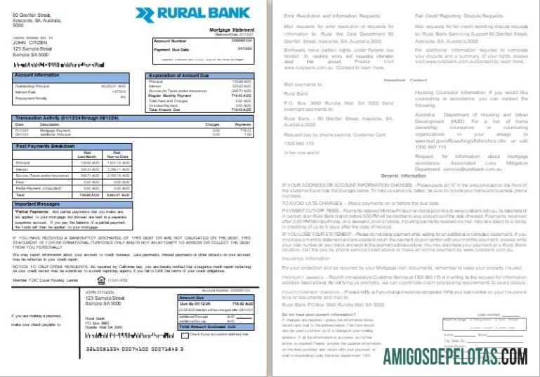 Extrato de hipoteca do banco rural da Austrália, 2 páginas, 1 2 Scr exemplo real